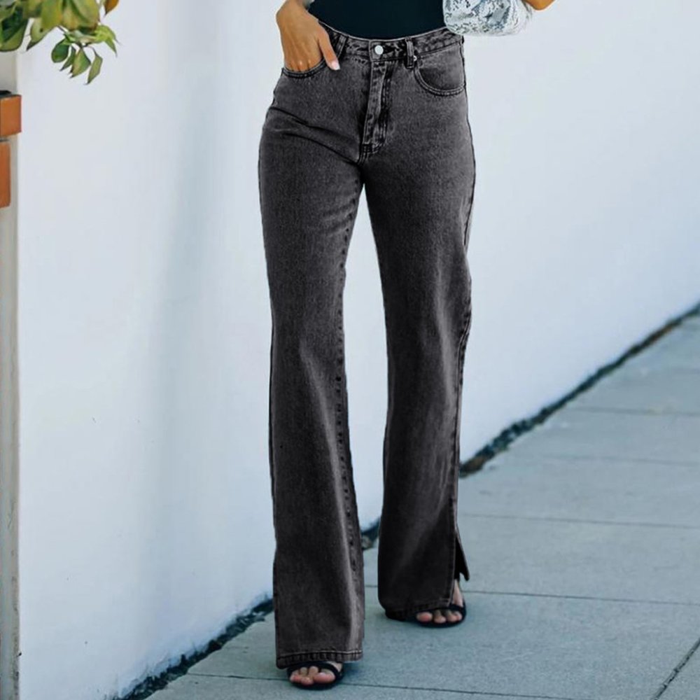 Women's Fashion High Waist Split Jeans Wide Leg Denim Pants with Pockets
